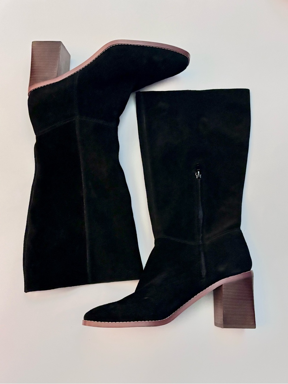 Crown Vintage Black Suede Knee-High Square Toe Block Heel Boots